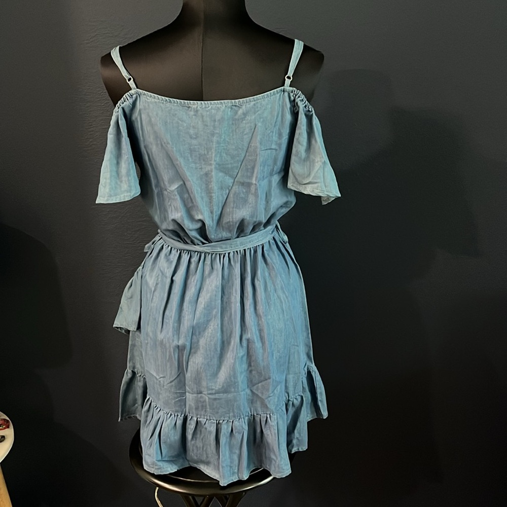 Love Tree chambray ruffled belted sleeveless mini dress sz M - Picture 8 of 8